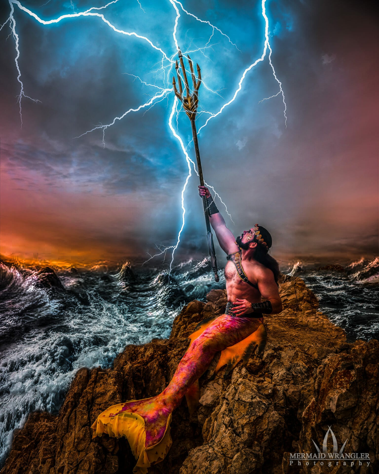 A mermaid filmmaker with a lightning bolt in his hand.