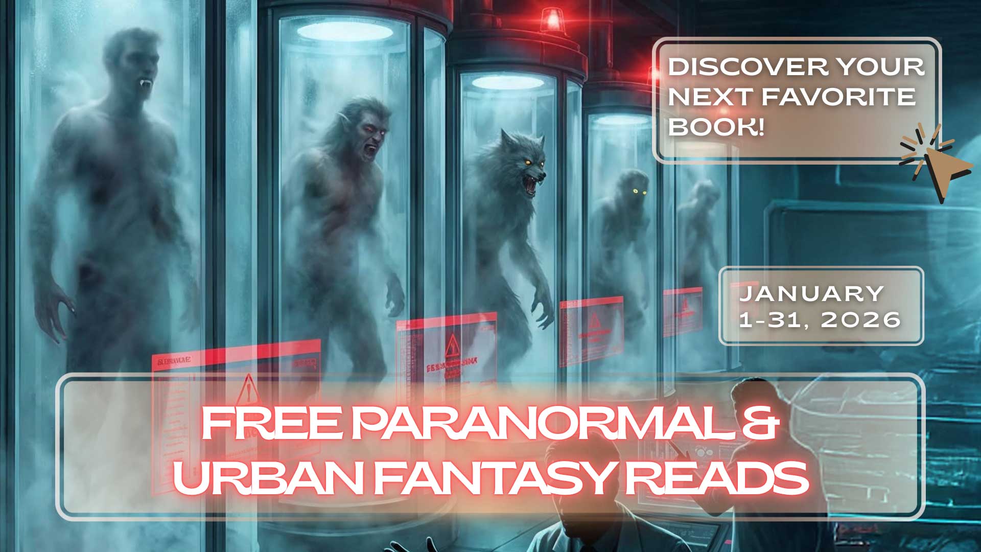 Four werewolves are contained in glass chambers while a person observes computer screens; text promotes free paranormal and urban fantasy reads available January 1-31, 2026.