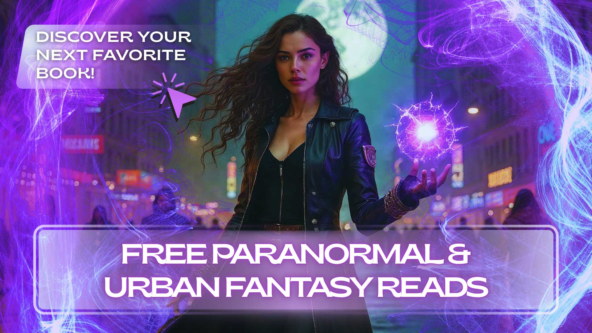 A woman with long dark hair holds a glowing purple orb on a city street at night. Text reads: “FREE PARANORMAL & URBAN FANTASY READS. DISCOVER YOUR NEXT FAVORITE BOOK!”.