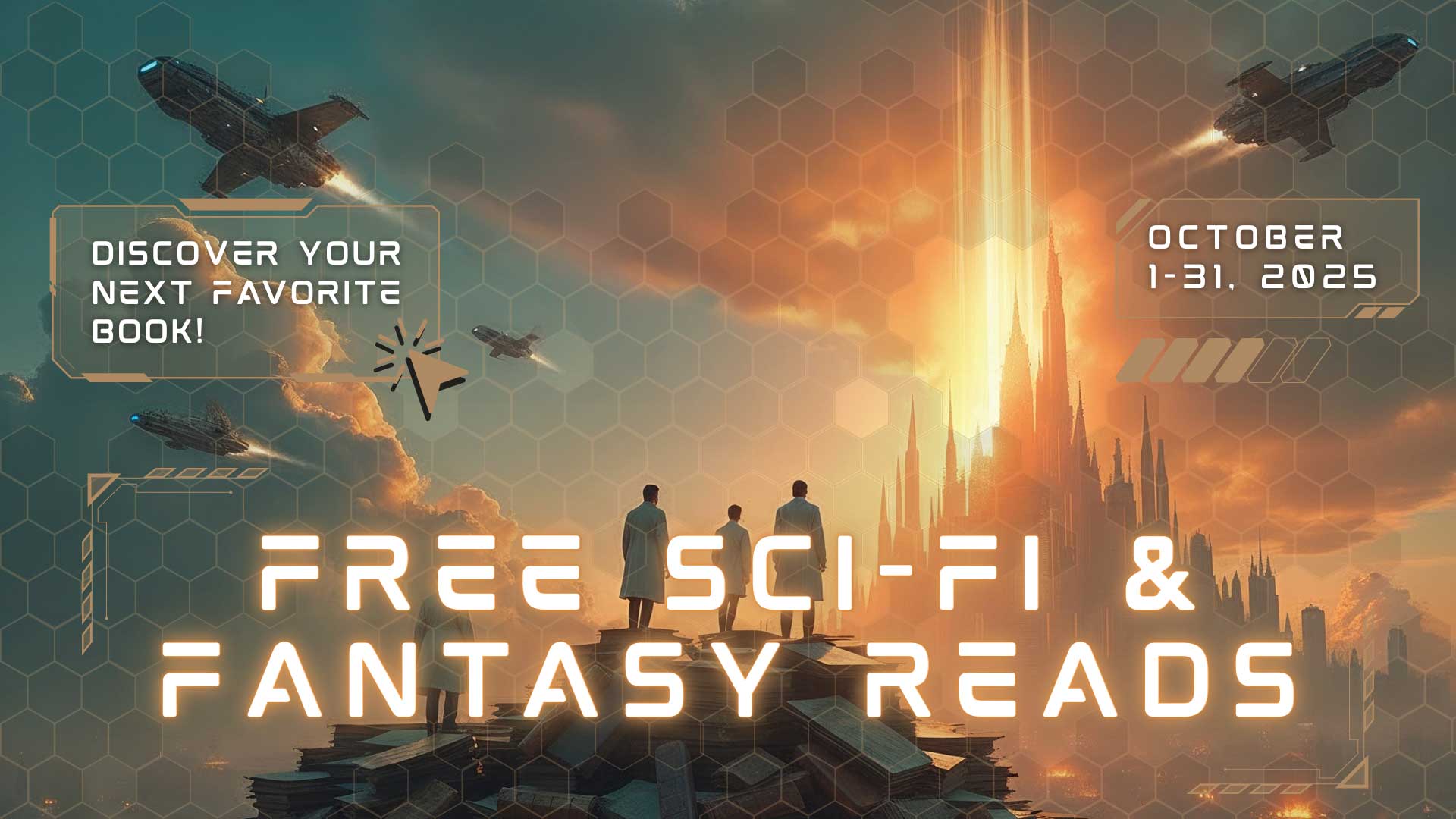 Two figures face a futuristic city with spaceships and a glowing tower. Text promotes "Free Sci-Fi & Fantasy Reads" from October 1-31, 2025.