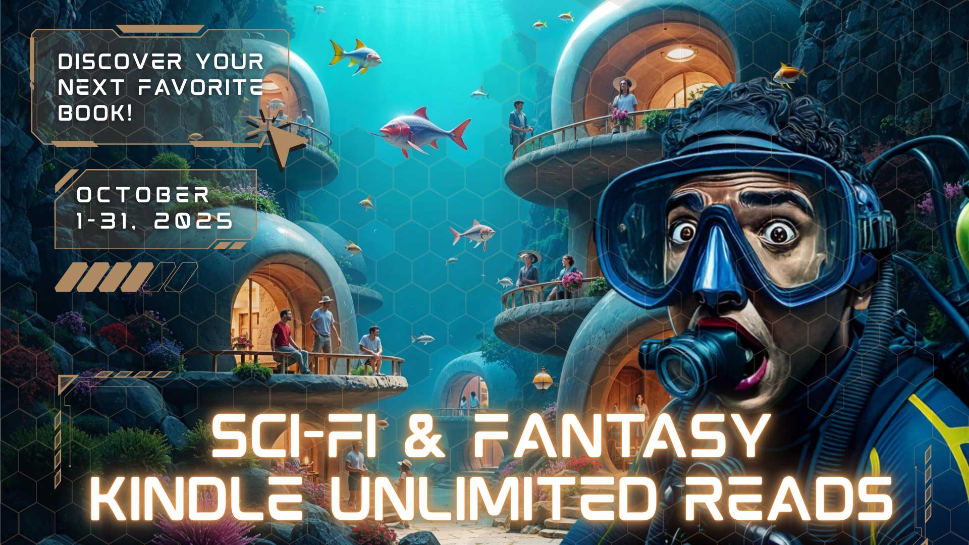 An underwater city with round pods, people reading on balconies, colorful fish, and a surprised scuba diver; text promotes a Kindle Unlimited sci-fi and fantasy event in October 2025.