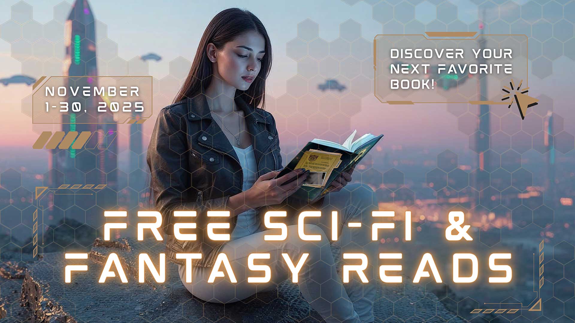 A young woman reads a book in a futuristic cityscape with flying vehicles. Text promotes free sci-fi and fantasy reads from November 1-30, 2025.