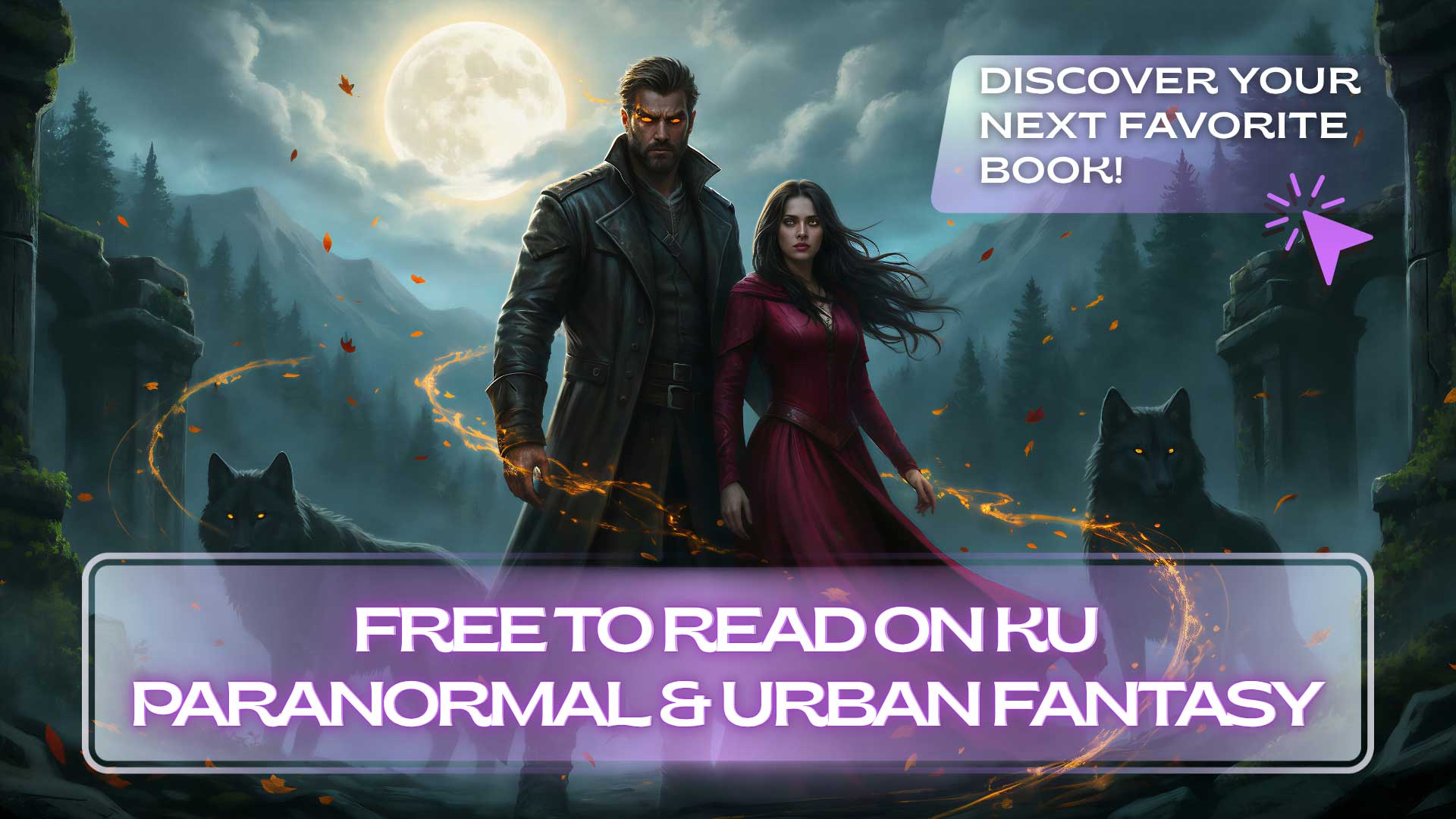 A man and woman in dark, dramatic clothing stand in a moonlit forest with wolves nearby. Text reads: "Free to read on KU Paranormal & Urban Fantasy. Discover your next favorite book!.