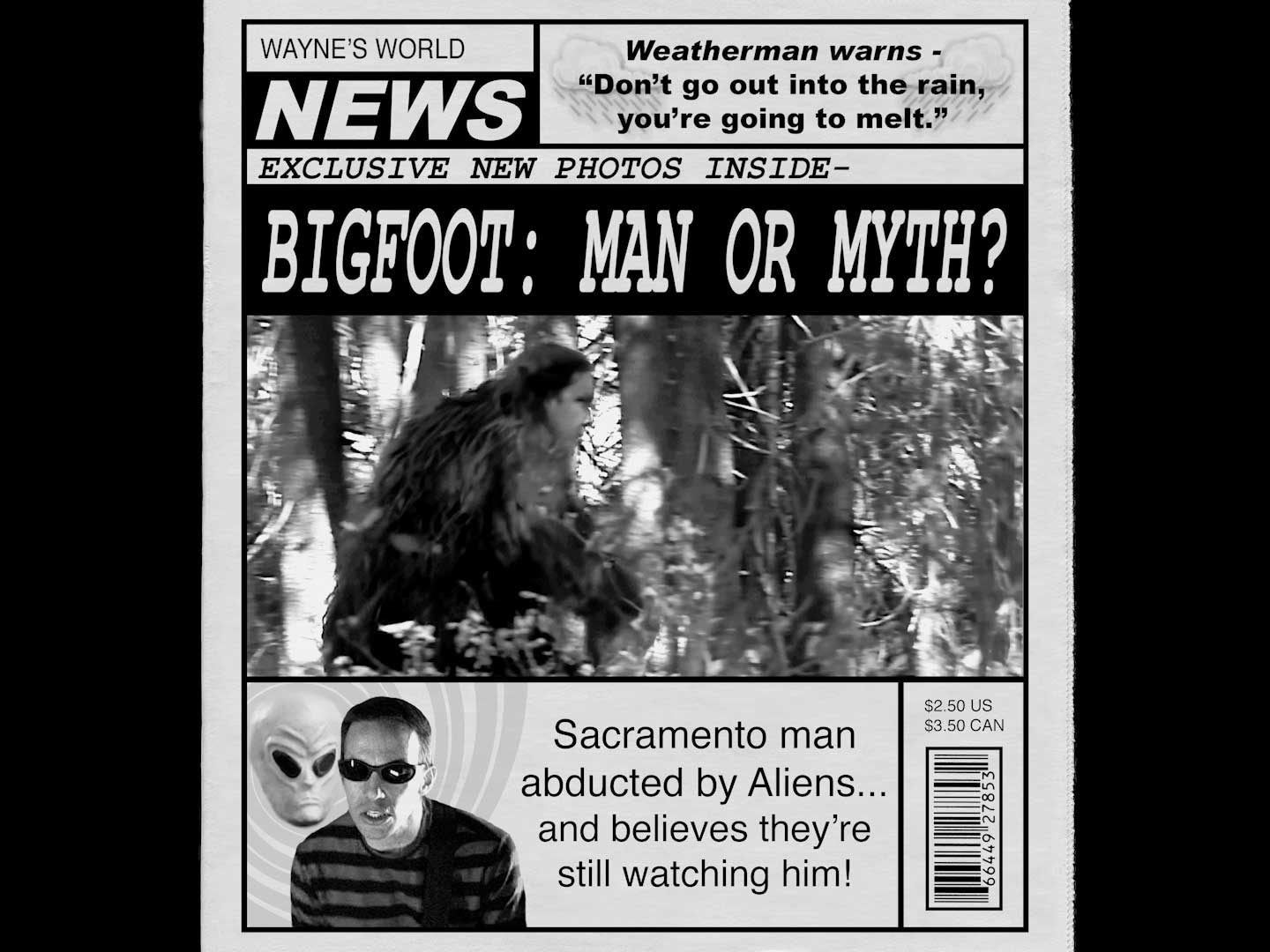 A newspaper featuring a headline about Bigfoot and the question of whether he is a man or myth, along with articles on the Groovie Ghoulies Music Video and Running with Bigfoot.