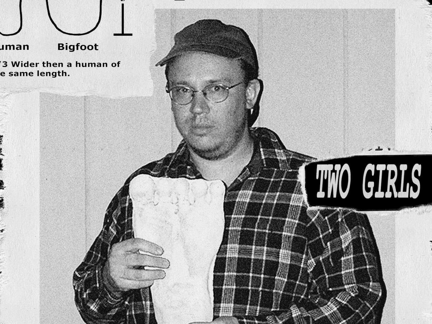 A man holding a piece of paper in front of him while running with Bigfoot.