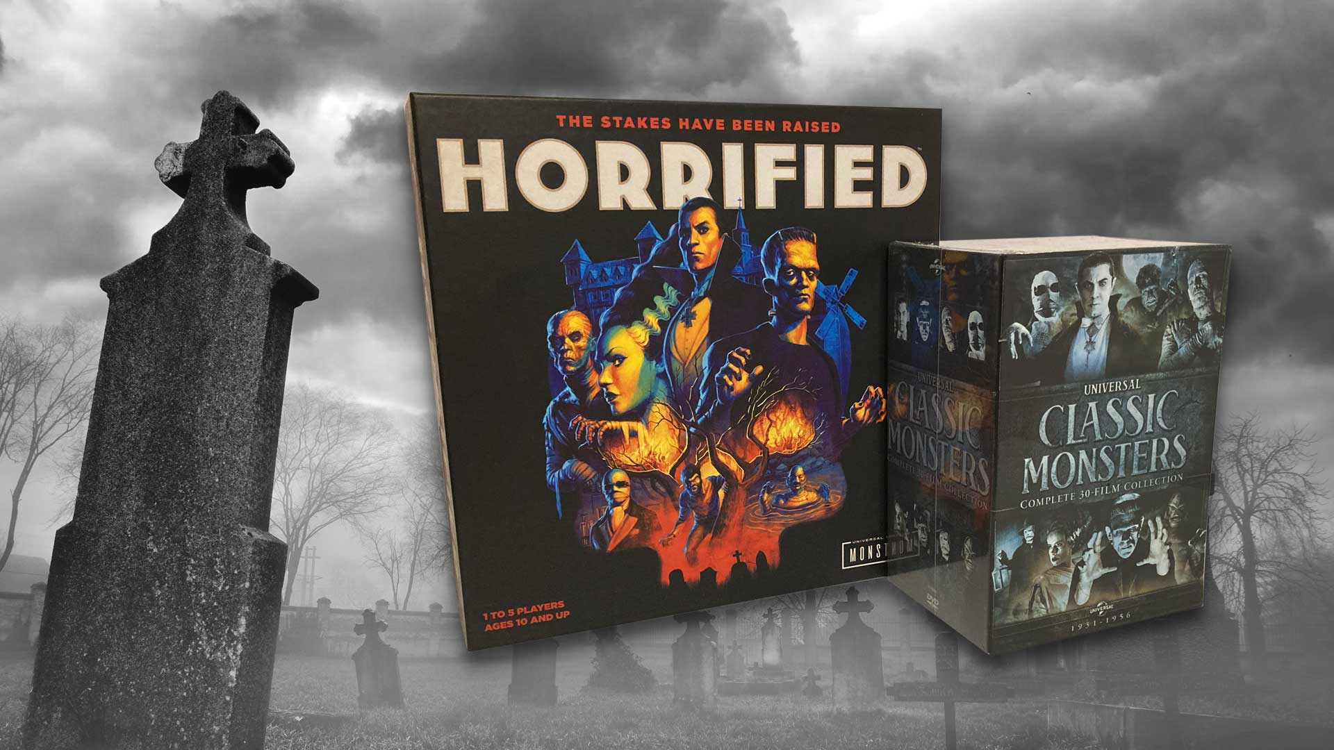 Horrified game box featuring Universal Monsters and a DVD box set of Universal Classic Monsters in front of black and white graveyard