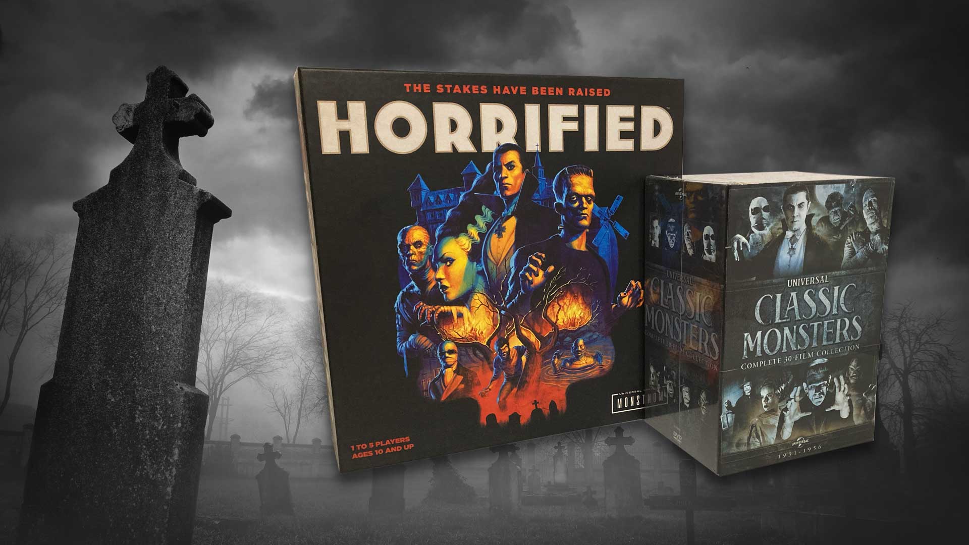 Horrified game box featuring Universal Monsters and a DVD box set of Universal Classic Monsters in front of black and white graveyard