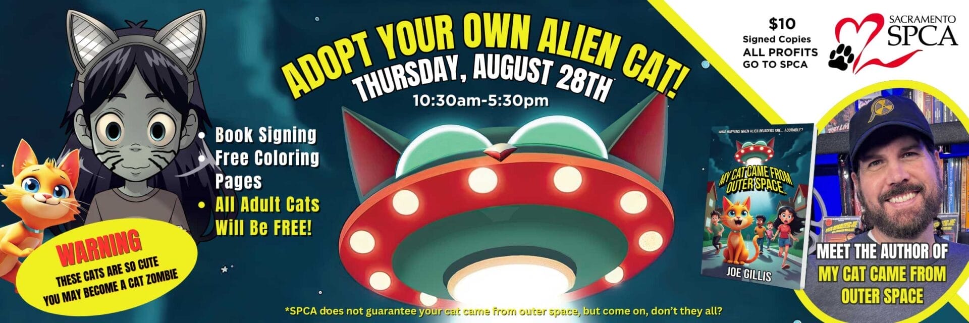 Colorful banner for a cat adoption event with an alien cat theme, featuring cartoon cats, event details, and a book signing promotion.