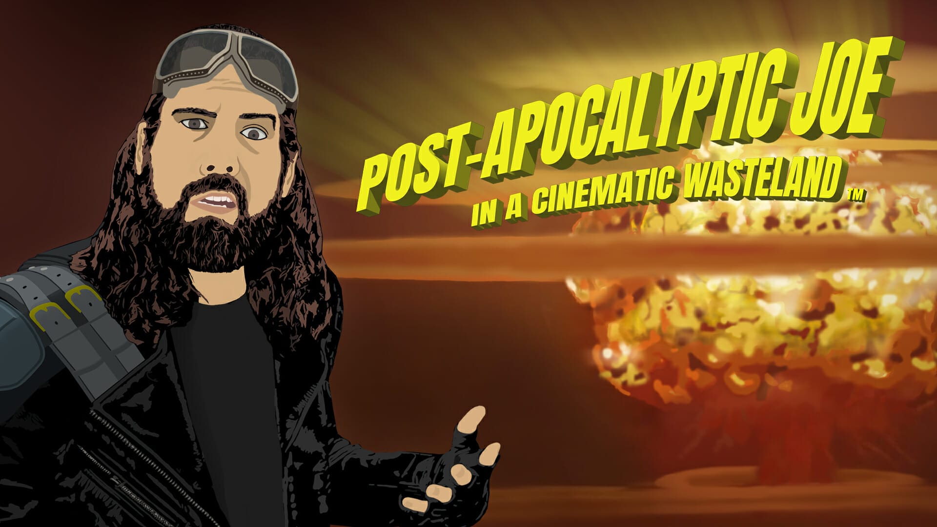 Man dressed in post-apocalyptic clothing with an atomic explosion in the background. Text: Post-Apocalyptic Joe in a Cinematic Wasteland.