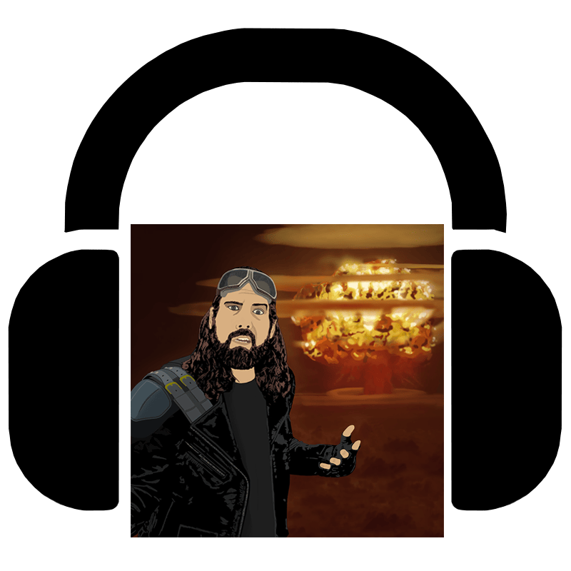 Man dressed in post-apocalyptic clothing with an atomic explosion in the background square image with headphones