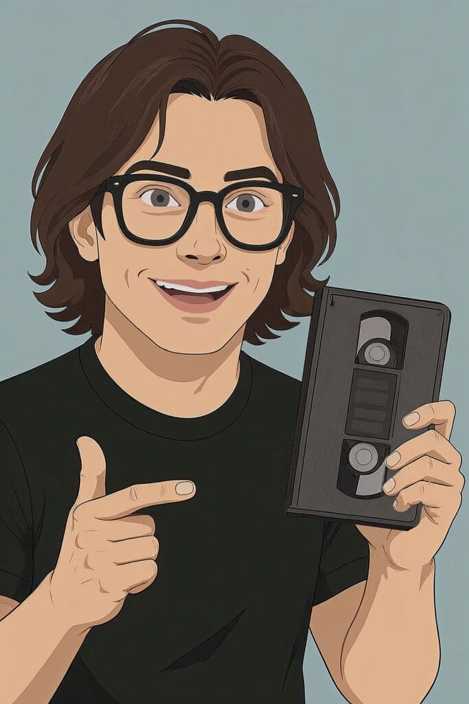 A person with glasses and long hair smiles, holds a VHS tape in one hand, and points at it with the other hand.