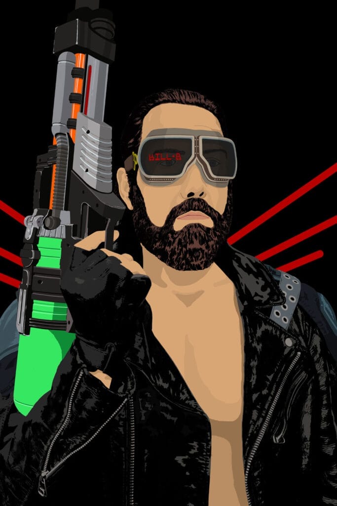 Illustration of a bearded man in a leather jacket holding a large futuristic gun, wearing high-tech goggles displaying "KILL-B;" red lines emanate from behind him.