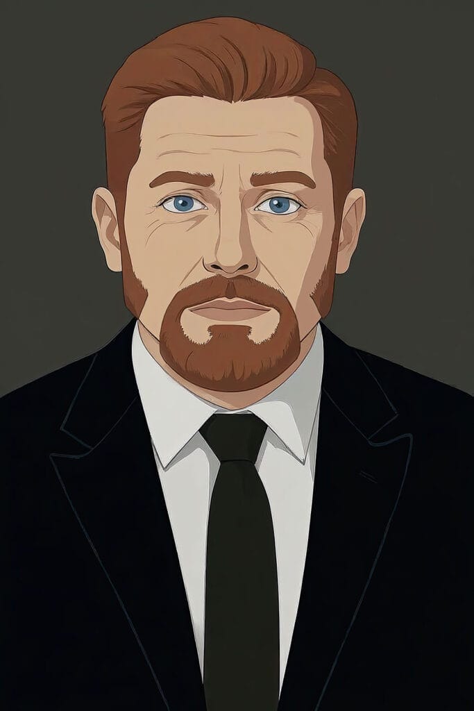 Illustration of a man with light skin, short brown hair, and a beard, wearing a black suit, white shirt, and black tie, set against a dark background.