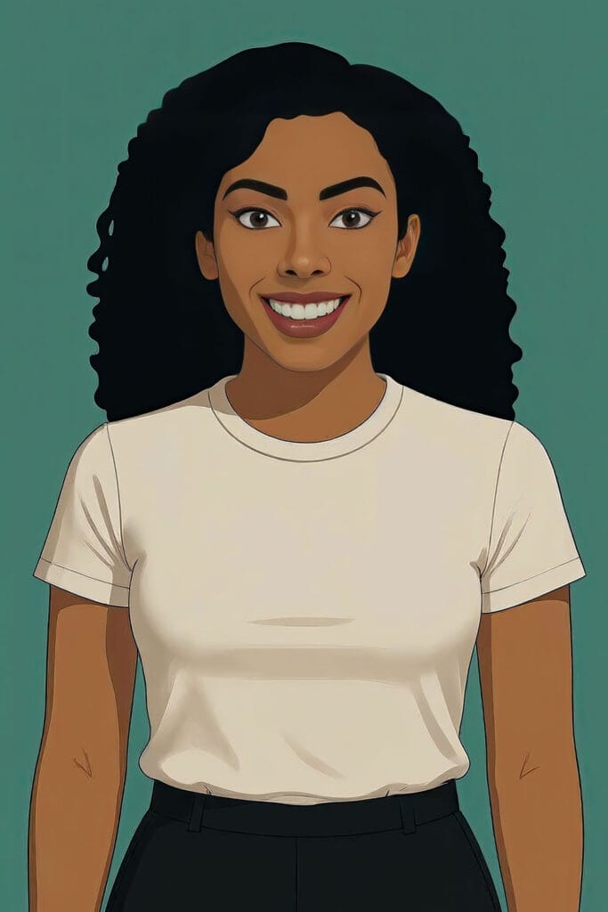 Illustration of a smiling woman with curly hair, wearing a white t-shirt and dark pants, standing against a plain teal background.