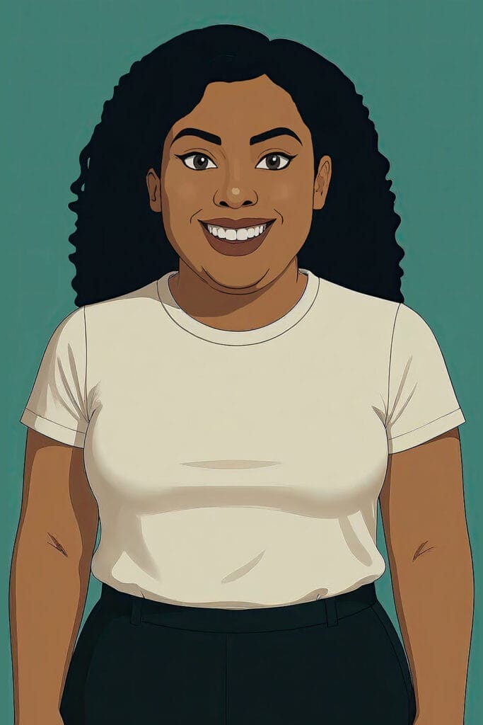 An illustrated woman with curly hair smiles, wearing a white t-shirt and dark pants, standing in front of a teal background.