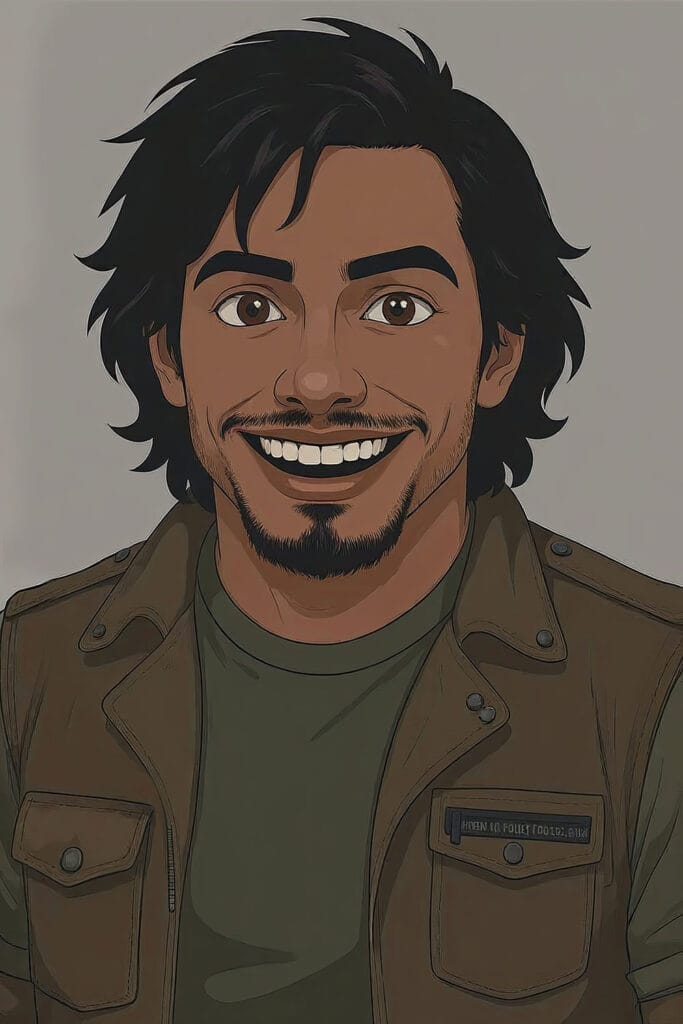 A smiling man with medium-length dark hair, a short beard, and mustache wears a green shirt and brown vest with a name tag against a plain background.