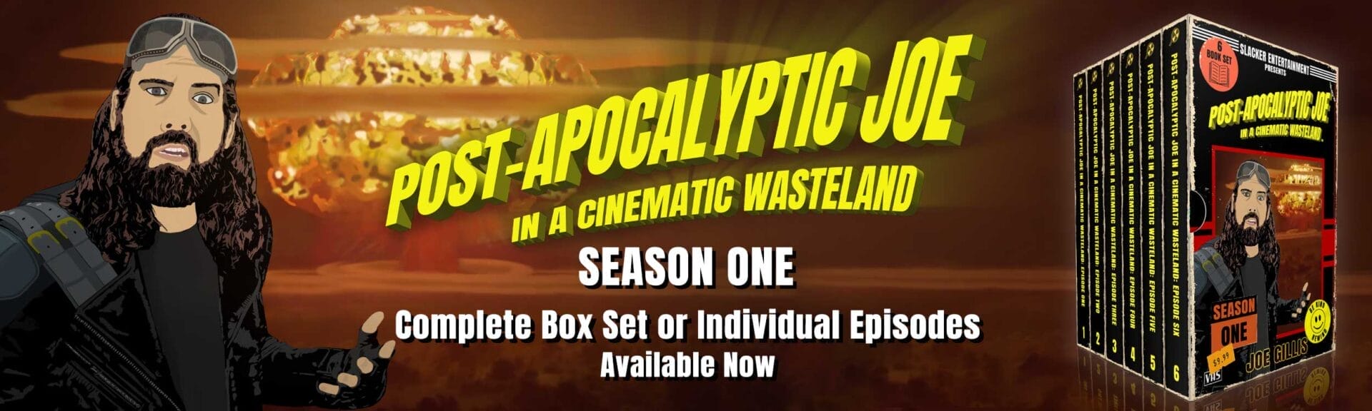 Illustration of a bearded character in a leather jacket promoting "Post-Apocalyptic Joe: Season One" box set or the chance to buy separately. Bright yellow title text on a wasteland backdrop, ideal for fans of science fiction series craving an epic post-apocalyptic web novel experience.