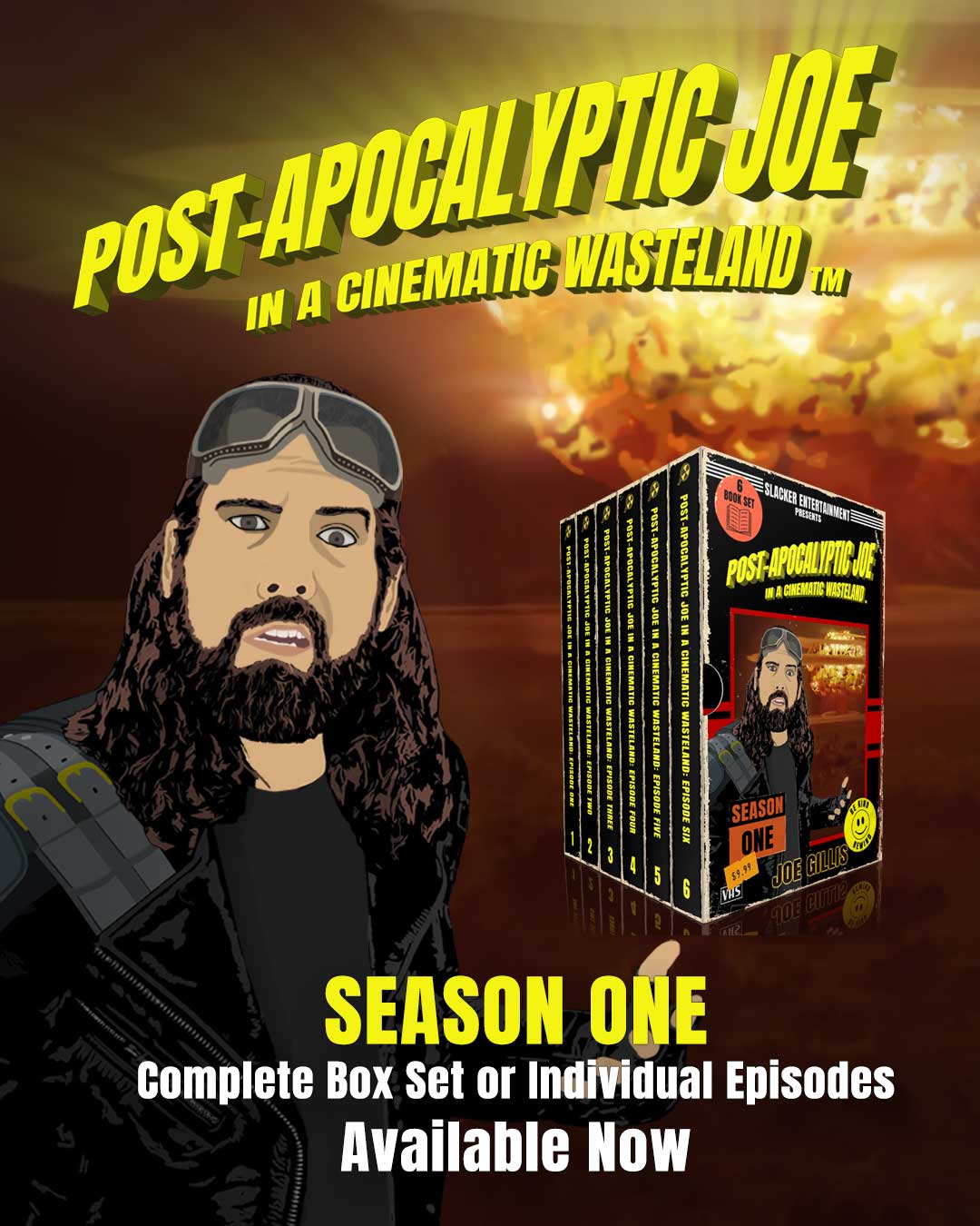 Ilustración del conjunto de caja de DVD de «Joe postapocalíptico» con un personaje barbudo sobre un fondo explosivo. Descubra la emocionante serie de ciencia ficción con la primera temporada ya disponible.