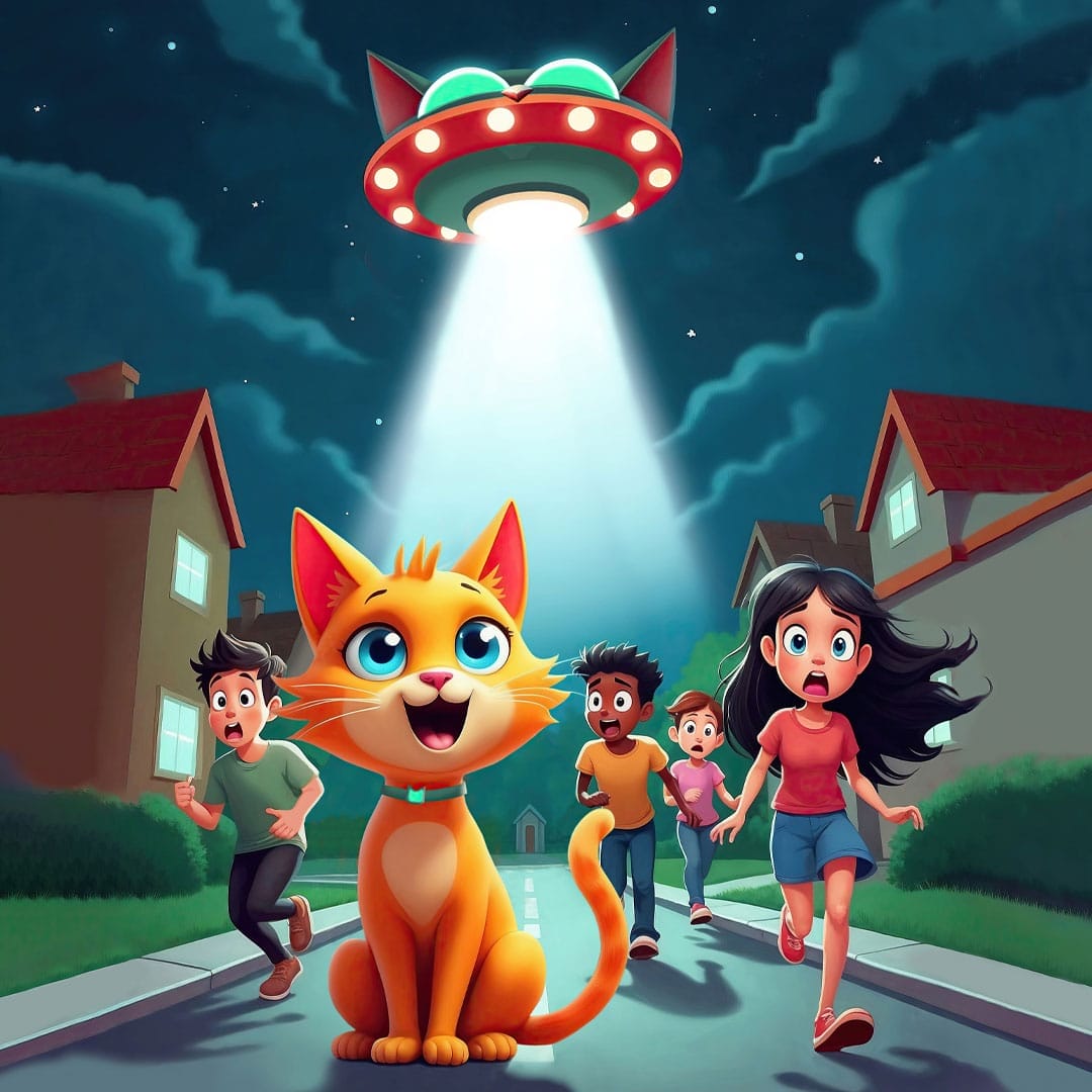 A cartoon cat sits happily in the street as a UFO beams down above it, while four shocked people—including Producer Joe Gillis—run away in a Groovie Ghoulies-inspired suburban nighttime setting.