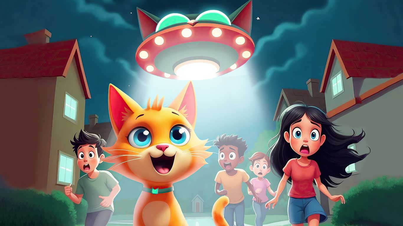 A cartoon cat stands happily under a UFO’s beam, while four shocked children—fans of Groovie Ghoulies—watch on a suburban street at night, as if witnessing the plot of a writer-producer's latest show.