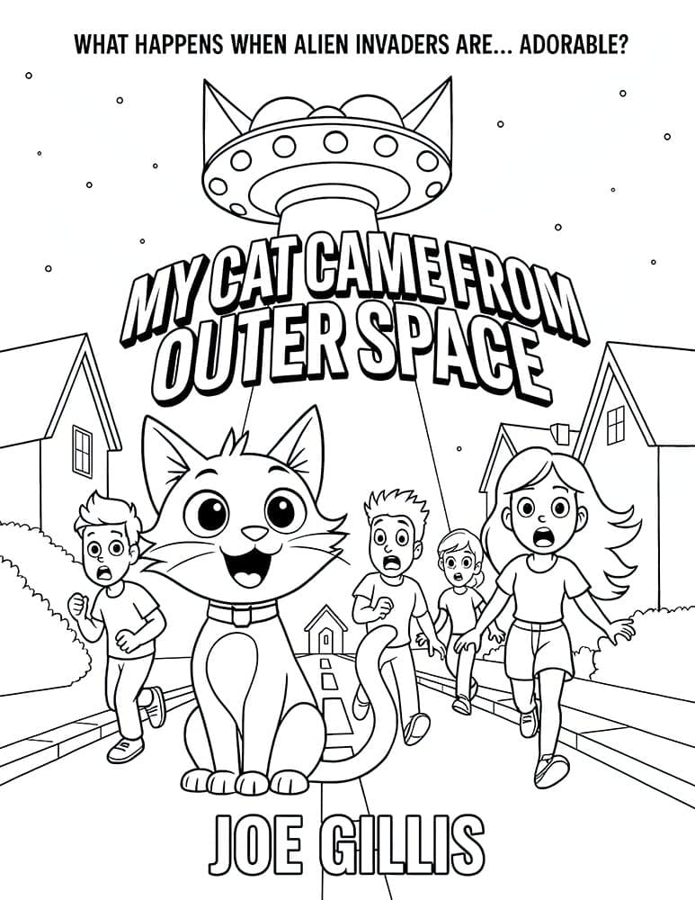 Portada de dibujos animados que muestra a un gato grande y sonriente frente a niños que huyen de un OVNI en un barrio residencial. El texto dice: "Mi Gato es un Extraterrestre" de Joe Gillis.
