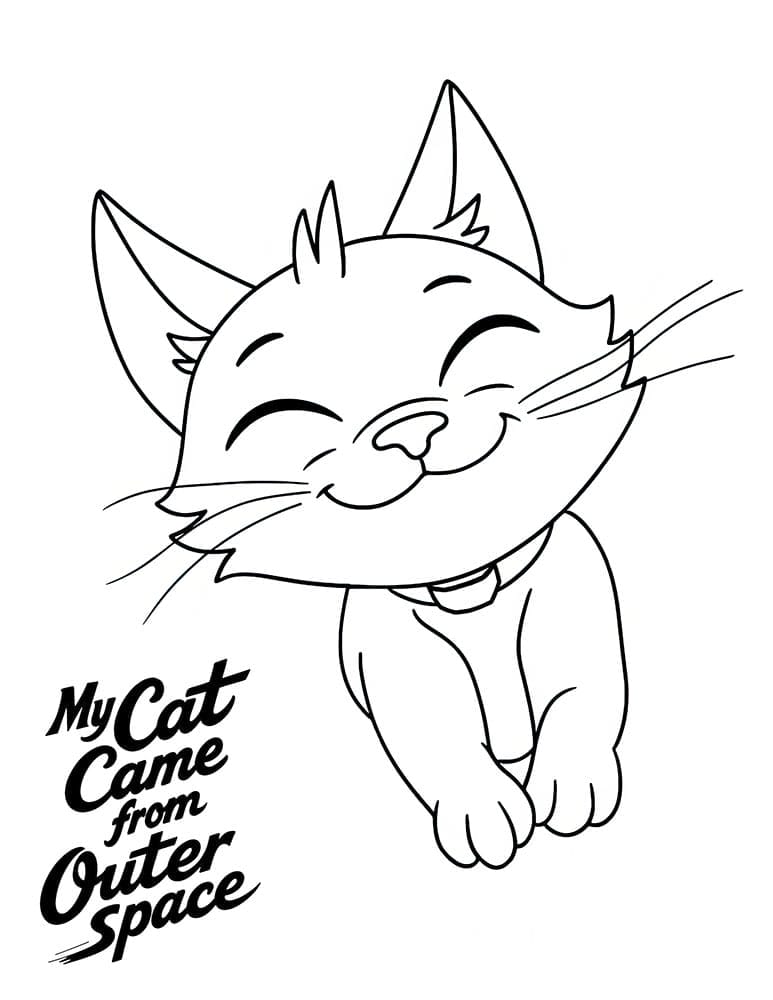 A cartoon cat with a big smile and closed eyes, wearing a collar, above the text “My Cat Came from Outer Space.”.
