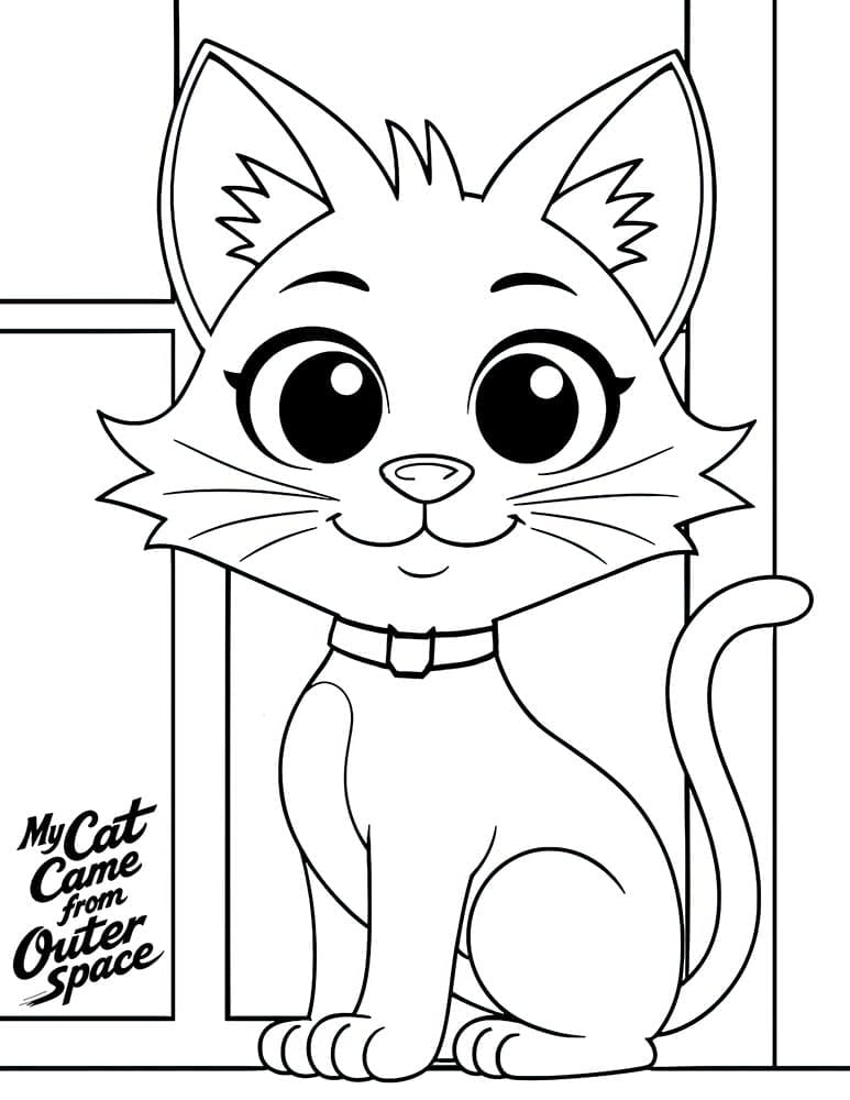 Line drawing of a cat with large eyes and a collar, sitting upright. Text in the corner reads, "My Cat Came from Outer Space.