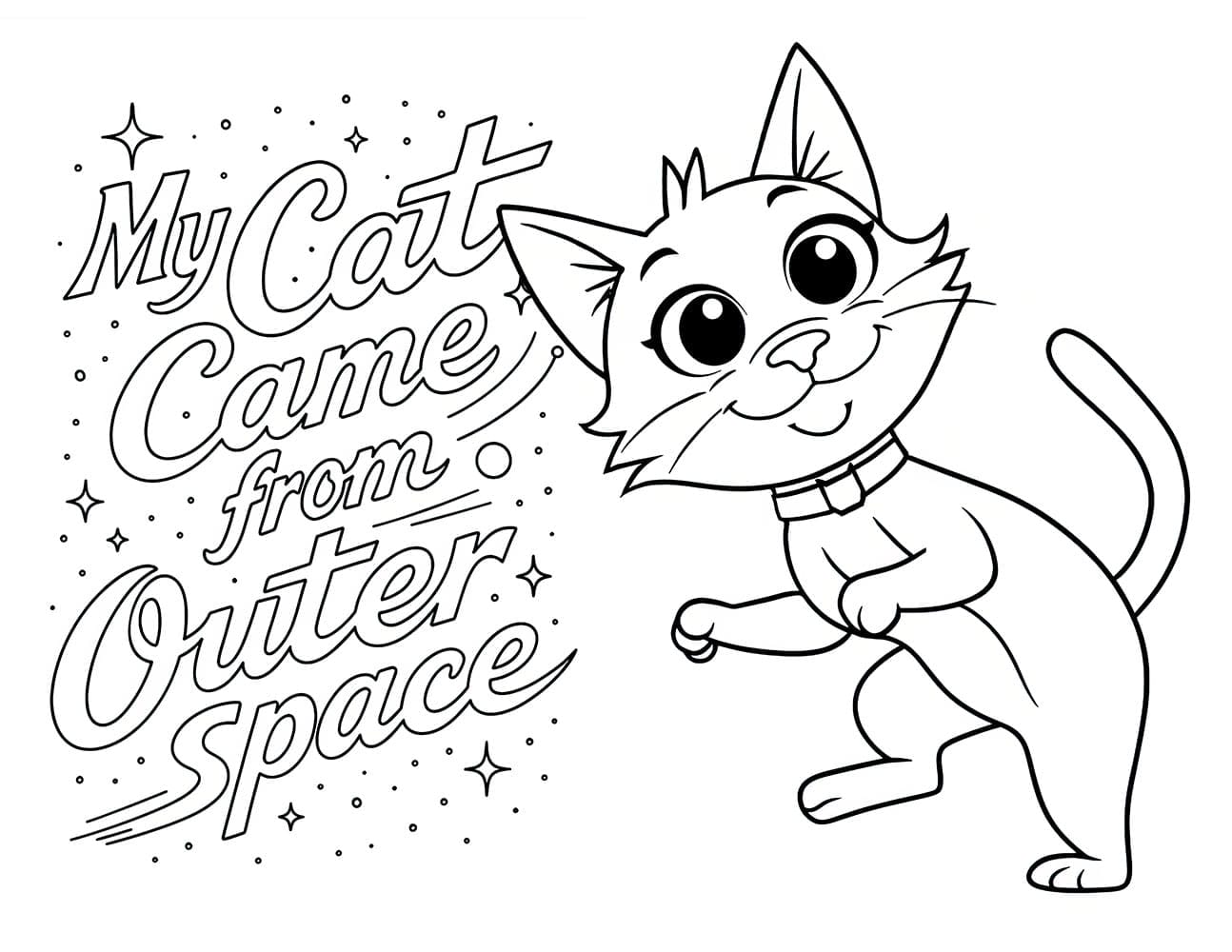 Dibujo lineal de un gato sonriente con un collar junto a las palabras "Mi Gato es un Extraterrestre", rodeado de estrellas y destellos.
