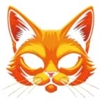 Ilustración de una máscara facial de gato estilizada en tonos naranja y amarillo con orejas, bigotes y aberturas oculares en blanco prominentes.