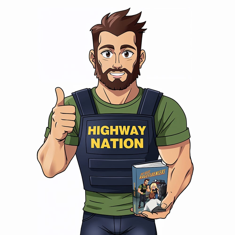 Cartoon man in a "HIGHWAY NATION" vest gives a thumbs up and holds a book titled "AFER AVENGER" with an illustrated cover.