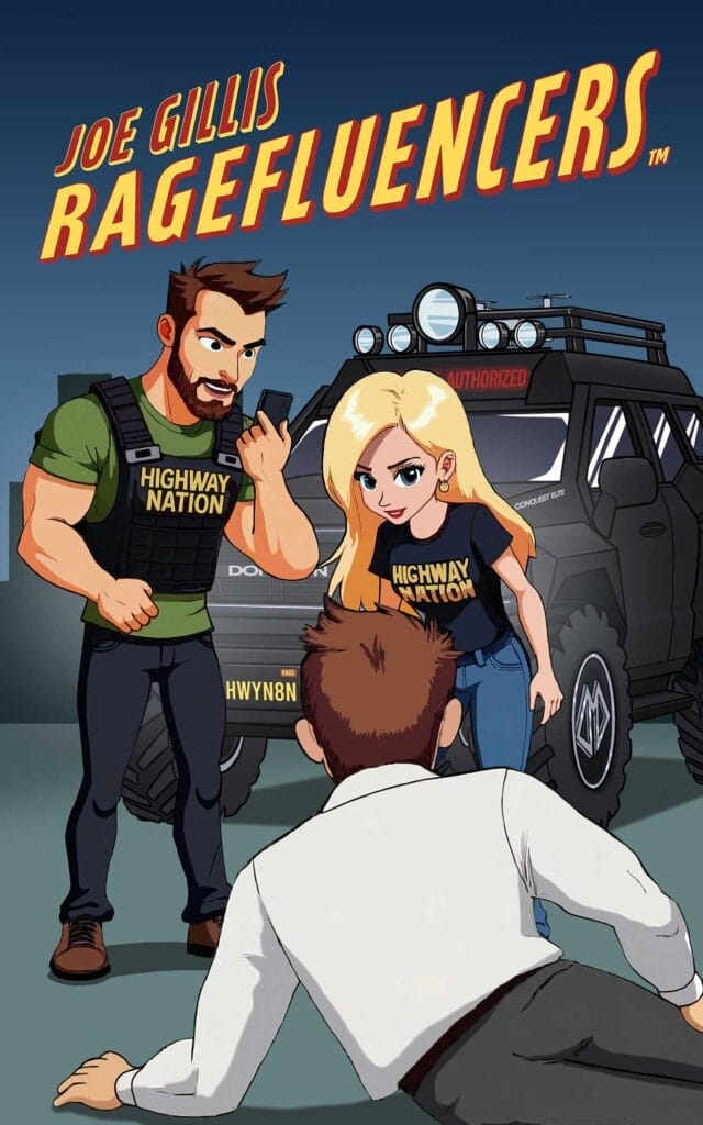 Two cartoon characters in "Highway Nation" shirts confront a man on the ground in front of a black SUV labeled "Authorized." The title "Ragefluencers" appears above.