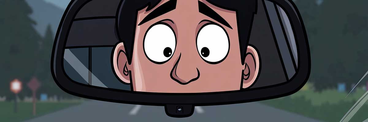 A cartoon man with a surprised expression is reflected in a car's rearview mirror, with a road and trees visible in the background.