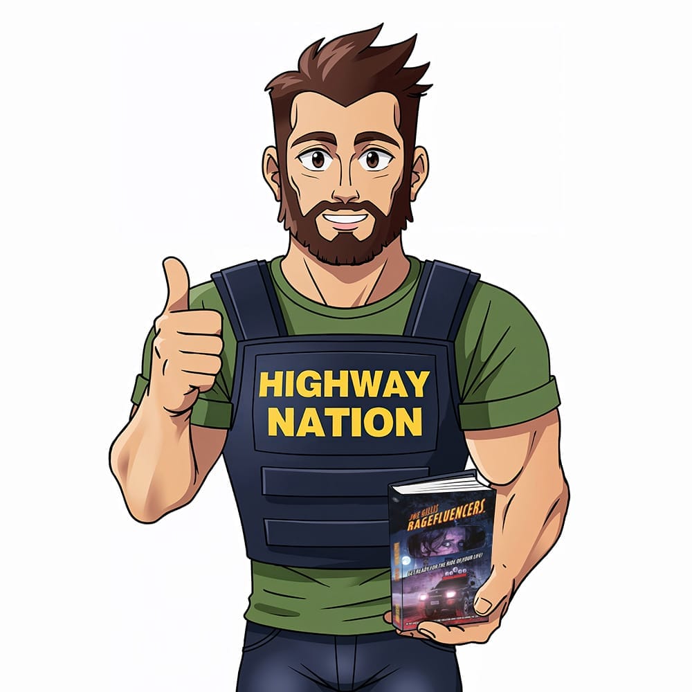 Un hombre ilustrado llamado Blake con un chaleco de "HIGHWAY NATION" levanta el pulgar y sostiene un libro titulado "RACEFLUENCERS", un libro de Joe Gillis, con un coche en la portada.