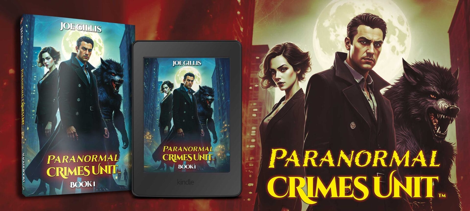 El banner de "Unidad de Crímenes Paranormales" muestra a un hombre serio, una mujer y un gran lobo con ojos brillantes contra una luna llena, con versiones impresas y digitales mostradas.