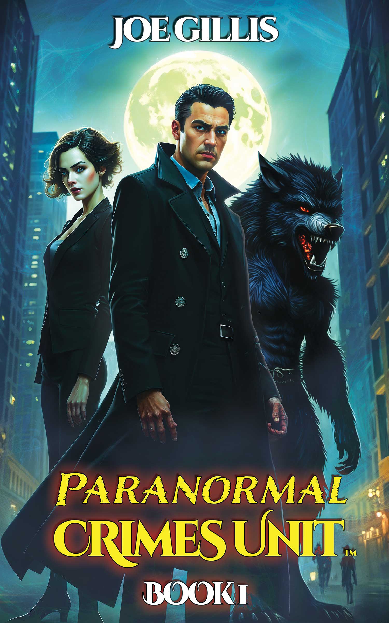 El detective Sam Kane, una mujer y un hombre lobo están juntos en una calle de la ciudad por la noche con una luna llena de fondo. El título del libro dice "Unidad de Crímenes Paranormales" de Joe Gillis.