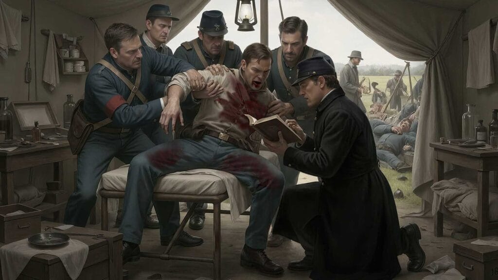Union soldiers restrain a wounded man on a cot in a Civil War-era field hospital tent, while a medic, acting like a filmmaker documenting the scene, reads from a book; injured men are visible outside.
