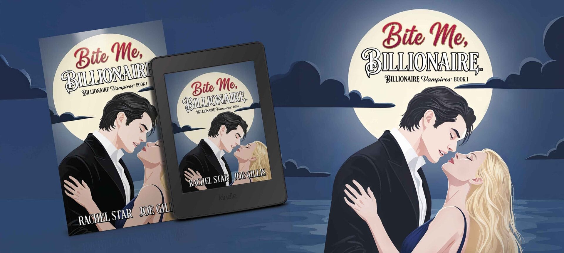 Illustration of a dark-haired man and blonde woman embracing under a full moon, with the text "Bite Me, Billionaire" and "Billionaire Vampires: Book 1" on book and e-reader covers.