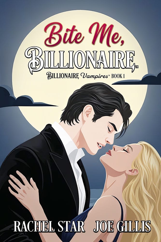 Bite Me, Billionaire book cover — a dark-haired man and blonde woman embracing under a full moon