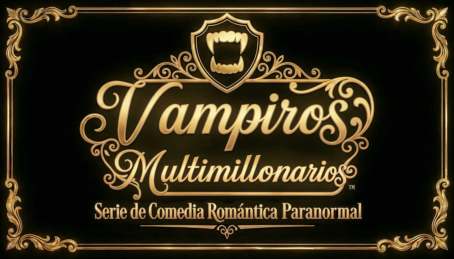 A gold text on a black background.