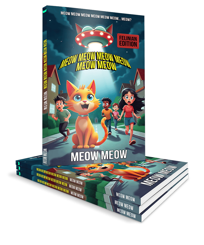 Stack of illustrated books titled "MEOW MEOW," featuring a large orange cat, four children, and a UFO in a suburban nighttime setting—perfect for fans of funny science fiction for kids.