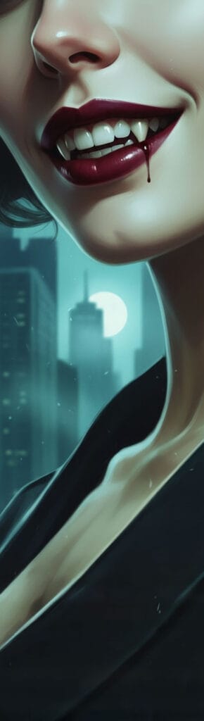 A woman with dark lipstick and a drop of blood on her lips smiles at night, with a city skyline and full moon blurred in the background.