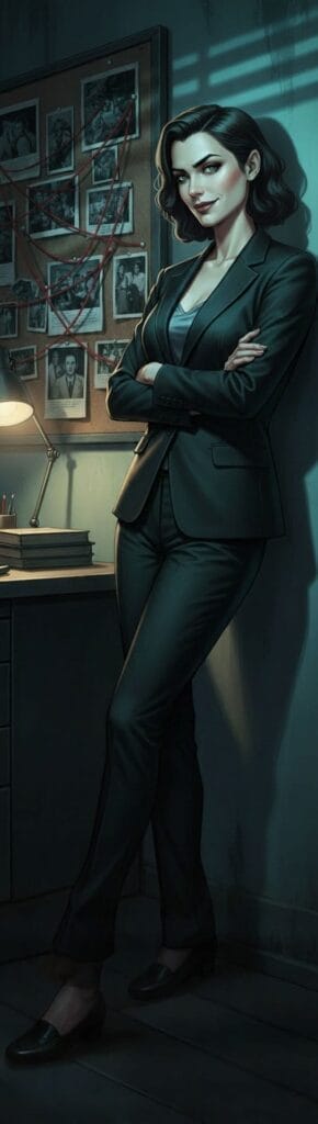 A woman in a dark suit stands with arms crossed in an office, next to a desk and a bulletin board covered in photos connected by red string.