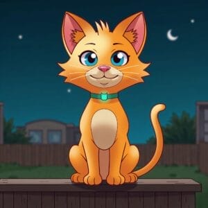 An orange cartoon cat with blue eyes and a green collar sits on a fence at night with houses and a crescent moon in the background.