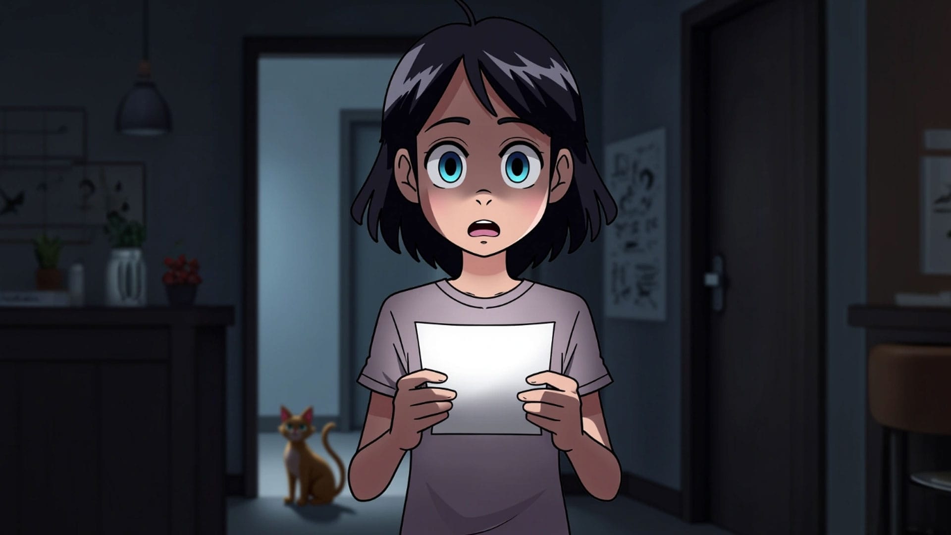 A wide-eyed girl with short black hair holds a piece of paper in both hands, standing in a dimly lit room with a cat in the background.